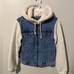 Maurices Blue Denim Jacket with White Sherpa Hood & Sleeves
